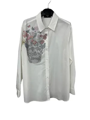 Shirt, Button Down White, Shoulder Skull Flowers